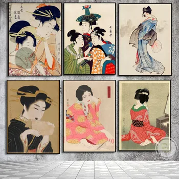 Ретро Японка, Кимоно, Гейша, плакаты, печать, Винтажное Восточное искусство, рисунок, холст, настенное искусство, картина, домашний декор в комнате