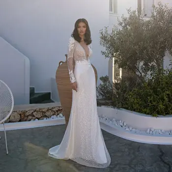 Потрясающие свадебные платья с глубоким V-образным вырезом, расшитые бисером, с длинным рукавом, открытой спиной, свадебное платье 