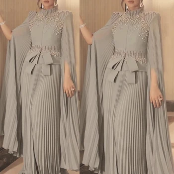 Мусульманин, арабский Дубай кафтан шифон складки вечерние платья жемчуг бисера высокая шея серебристо-серый кафтан случаю выпускного вечера платье