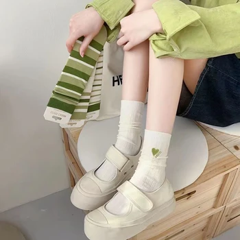 ОсеннеВесенние Носки в зеленую полоску для женщин, мягкие хлопковые дышащие носки средней длины для девочек JK Harajuku Thin Sock Sokken