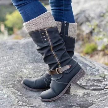 Зимние женские ботинки в стиле ретро из искусственной кожи, модные женские длинные ботинки на толстом каблуке, молния сбоку, шерстяная строчка, Модные женские туфли большого размера