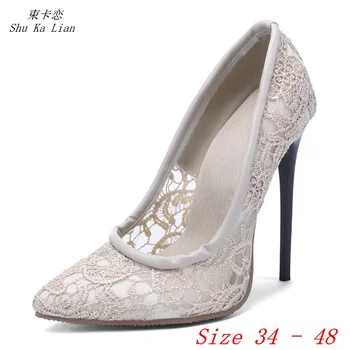 Летние женские туфли-лодочки на очень высоком каблуке 12 см, сетчатые туфли на высоком каблуке, женские вечерние свадебные туфли на шпильке, большие размеры 34-48