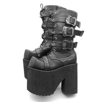 Женские ботинки до середины икры на платформе в стиле панк, очень высокие каблуки 16 см, треугольный носок, пряжка на ремне, ботинки с перекрестными ремешками, обувь для подиума в стиле рок на молнии