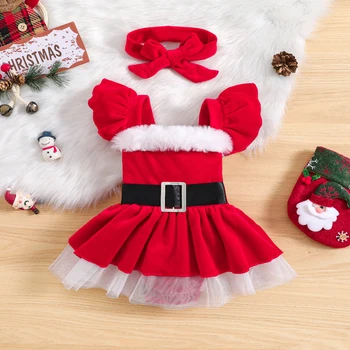 Рождественский комбинезон для маленьких девочек с бархатной меховой отделкой, платье-ползунки + лента для волос, Рождественские костюмы, Милые комбинезоны принцессы, одежда