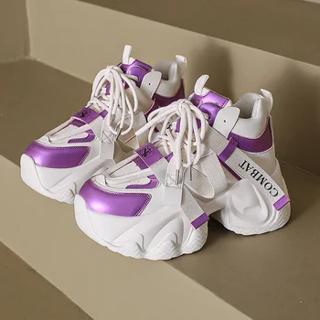 Женские массивные кожаные кроссовки на высокой платформе, спортивная обувь Ulzzang, новинка 2023 года, осенняя женская повседневная обувь на танкетке с толстой подошвой
