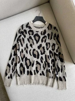 2023 Осень/Зима, Новый Кашемировый свитер свободного кроя с леопардовым узором, круглый вырез, длинный рукав, Свободный Женский свитер