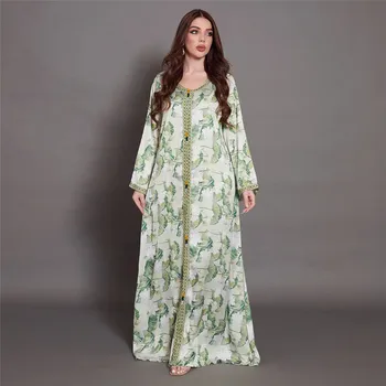 2023 Весна Мусульманские Женщины Цветочный Принт Элегантная Отделка Лентой Свободное Платье Макси Турция Арабское Исламское Вечернее Платье Ид Рамадан Джалабия