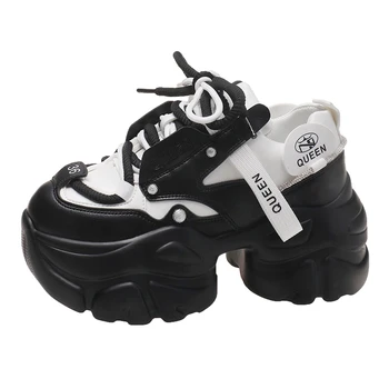 Модные массивные кроссовки, женская осенняя спортивная обувь на платформе со шнуровкой, женские кожаные кроссовки на высоком каблуке толщиной 9,5 см