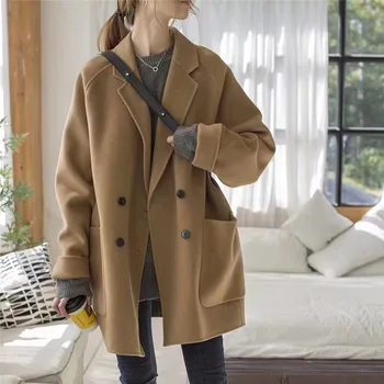 2022 новое маленькое двустороннее кашемировое пальто женское короткое, оптом, свободное шерстяное пальто женское утепленное шерстяное пальто