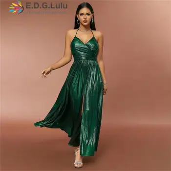 EDGLuLu, женское сексуальное вечернее платье без рукавов с открытой спиной, длинное платье с глубоким V-образным вырезом и бретельками-спагетти, платья с разрезом, 1122