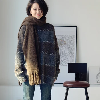 MICOCO M0087C Темпераментная цветочная линия, сочетающаяся по цвету с полосками, свободный свитер с круглым вырезом, женский литературный винтаж
