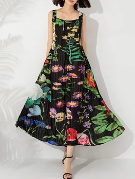 Складки Miyake, Новое весеннее платье с принтом 2023, ретро-дизайн, чувство моды, свободный темперамент, платье на бретелях.
