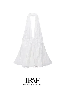 TRAF Женское модное Мини-платье на бретелях с ришелье и вышивкой, сексуальные женские платья без спинки с завязками, Vestidos Mujer
