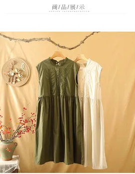 Женский сарафан большого размера, женская одежда, женское летнее платье в японском стиле с коротким воротником-стойкой, однотонное хлопковое кружевное платье в стиле пэчворк