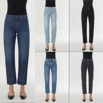 Женские хлопковые джинсы, однотонные Прямые Простые Свободные повседневные универсальные женские джинсовые длинные брюки с высокой талией