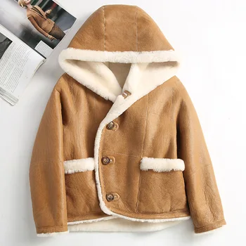 Женская зимняя куртка-дубленка 2023, модное женское шерстяное пальто из натуральной овчины, двустороннее пальто с капюшоном