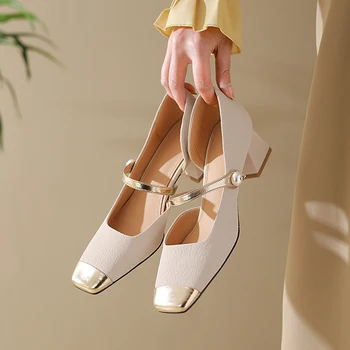 2023 г. Весенне-осенняя женская обувь Mary Janes на массивном каблуке с квадратным носком, разноцветные женские туфли-лодочки из лакированной кожи, модные туфли на высоком каблуке