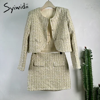 Комплекты из двух предметов с пайетками Syiwidii, женские Элегантные пальто с круглым вырезом и длинным рукавом во французском стиле 2023 года, тонкие комплекты юбок с высокой талией