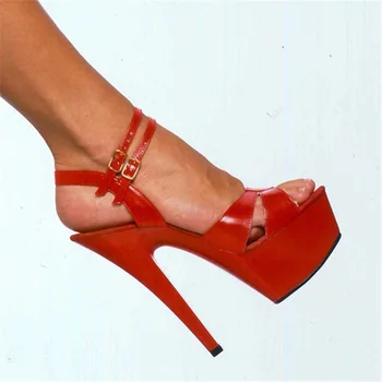 Женские сандалии с ремешком с пряжкой, модная обувь из искусственной кожи на тонком высоком каблуке 15 см, водонепроницаемые классические вечерние свадебные туфли для женщин 2020, красные