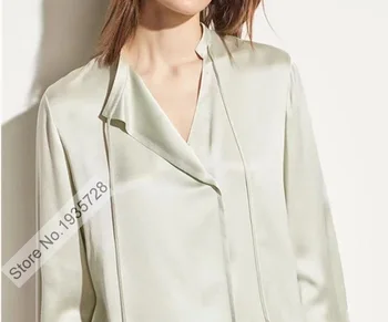 Женская шелковая блузка с круглым вырезом и длинным рукавом, однотонная рубашка, топ, завязки, деталь застежки