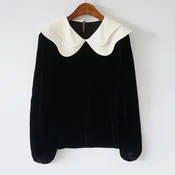 Черный женский осенне-зимний топ с отворотом, новый модный вельветовый пуловер в стиле ретро с длинными рукавами, топ с длинными рукавами