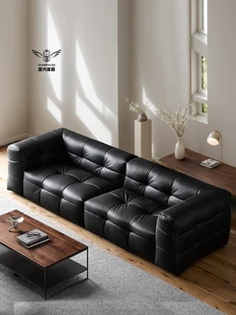 Итальянский минималистичный современный диван в стиле средней древности в стиле ретро из черной кожаной сахарной ваты для трех человек
