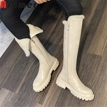 Asumer 2023, размер 33-41, новые зимние ботинки из натуральной кожи, шерстяные зимние ботинки на толстом среднем каблуке и платформе, женские сапоги до колена