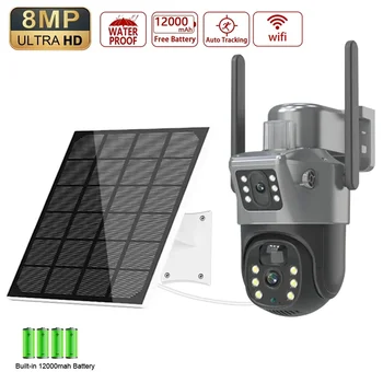 4K 8MP 4G Двухобъективная PTZ Солнечная Камера С Двумя Экранами PIR Отслеживание Человека Наружная WIFI Безопасность CCTV IP-Камера Наблюдения