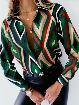 Женские топы, Корейская повседневная модная рубашка с 3D-принтом и отложным воротником на пуговицах 2024, офисные деловые Элегантные блузки с длинными рукавами