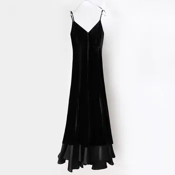 Высококачественное Роскошное Женское Черное шелковое бархатное платье-слинг без рукавов с V-образным вырезом, кружевное Элегантное длинное платье с талией, сексуальные вечерние платья