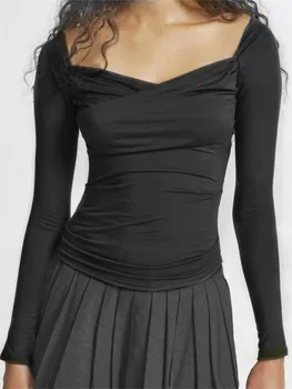 Новая женская модная блузка Y2K с длинным рукавом и открытыми плечами, плиссированные топы с глубоким вырезом, осенние Ретро-сексуальные шикарные рубашки, уличная одежда