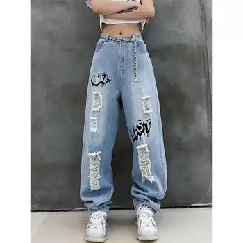 Женские джинсы Y2k с граффити и дырками, уличная мода, повседневные брюки, весна-лето, новые свободные винтажные джинсовые брюки с высокой талией