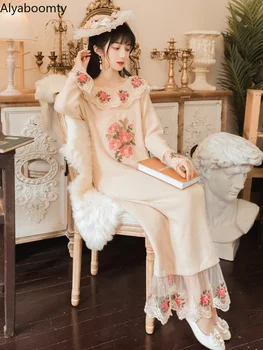 Mori Girl Осень Зима Женское Длинное тюлевое платье с гофрированным воротником и цветочной вышивкой Fairycore Sweet Dress Нежное сетчатое платье с оборками