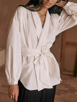 Женская белая блузка с V-образным вырезом, универсальная осенняя новинка 2023 года, простая рубашка-кардиган на шнуровке с длинным рукавом и топы для дам