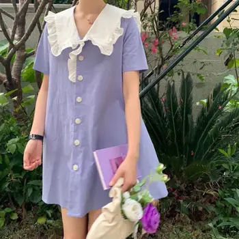 Женское летнее милое фиолетовое платье трапециевидной формы 2021 года, женские шорты с матросским воротником, мини-платье с рукавами, женский однотонный элегантный дизайн