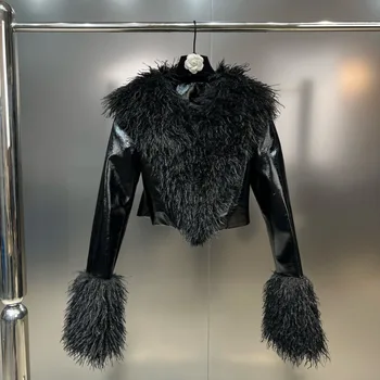 BORVEMAYS, Новинка осени 2024, женская куртка из искусственной кожи, черный Универсальный воротник из шерсти ягненка, длинный рукав, однотонное приталенное пальто