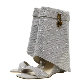 2023 Летние новые ботинки Water Diamond Cool, модные женские короткие сапоги с открытым носком, показ мод, сексуальные сапоги из телячьей кожи большого размера