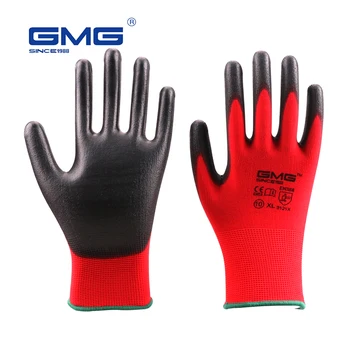 Горячая Распродажа 6 Пар GMG CE Сертифицированных EN388 Красных Полиэфирных Черных PU Рабочих Защитных Перчаток Механические Рабочие Перчатки