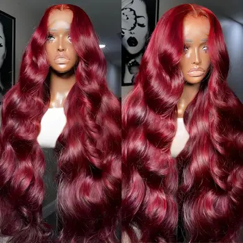 99J Кружевные передние парики из человеческих волос Объемная волна Бордовый 13X6 HD Прозрачные кружевные передние парики для чернокожих женщин Цветной парик с закрытием