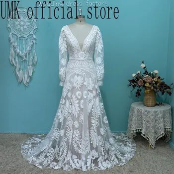 Уникальное кружевное свадебное платье UMK в стиле Бохо 2024, Шикарные винтажные свадебные платья с глубоким V-образным вырезом и пышными рукавами с кисточками и открытой спиной