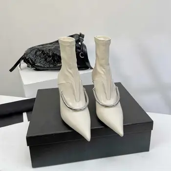Осенние полусапожки 2023 г., Модная женская обувь с острым носком, Лаконичная повседневная обувь на высоком каблуке из натуральной кожи, Bota Feminina, Размер 35-40, Хит продаж