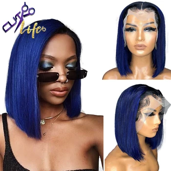 Парики на кружеве 13x4, прямые, с косточками, синего цвета, Короткий парик-боб из человеческих волос для чернокожих женщин, предварительно выщипанный Бразильский парик с застежкой