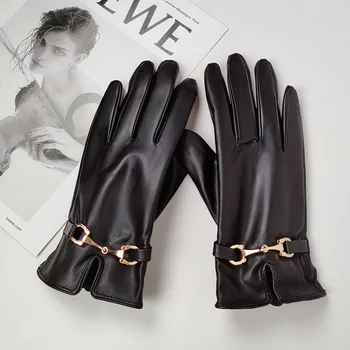 Модные женские перчатки из искусственной кожи, зимние теплые плюс бархатные утолщенные перчатки для верховой езды на весь палец, перчатки для вождения с сенсорным экраном